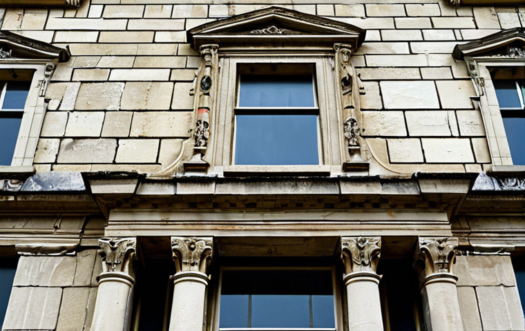 Damaged Architecture**

"A weathered, historical building facade made of limestone, showing signs of acid rain damage: corrosion, streaks, and discoloration.  Focus on the intricate details of the stonework. Overcast sky. Safe for work, appropriate content, fully clothed, professional photography, perfect anatomy, natural proportions, detailed textures."

**