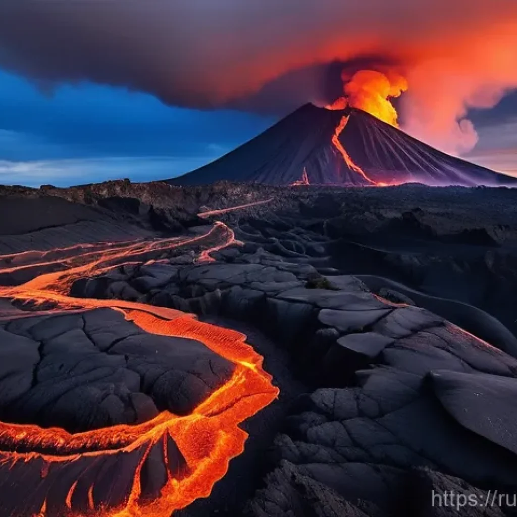 지구과학과 화산 폭발 - **Volcanic Grandeur: Earth's Fiery Breath.**
A dramatic, high-angle wide shot capturing a powerf...
