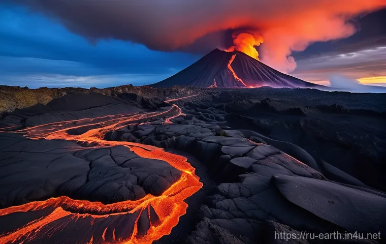 지구과학과 화산 폭발 - **Volcanic Grandeur: Earth's Fiery Breath.**
    A dramatic, high-angle wide shot capturing a powerf...
