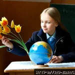 지구과학과 계절 변화 - Photorealistic Earth science classroom in a Russian secondary school, a teenage student in modest wi...