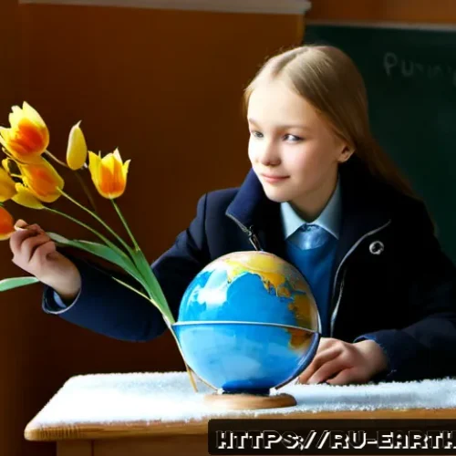 Home 15 지구과학과 계절 변화 - Photorealistic Earth science classroom in a Russian secondary school, a teenage student in modest wi...