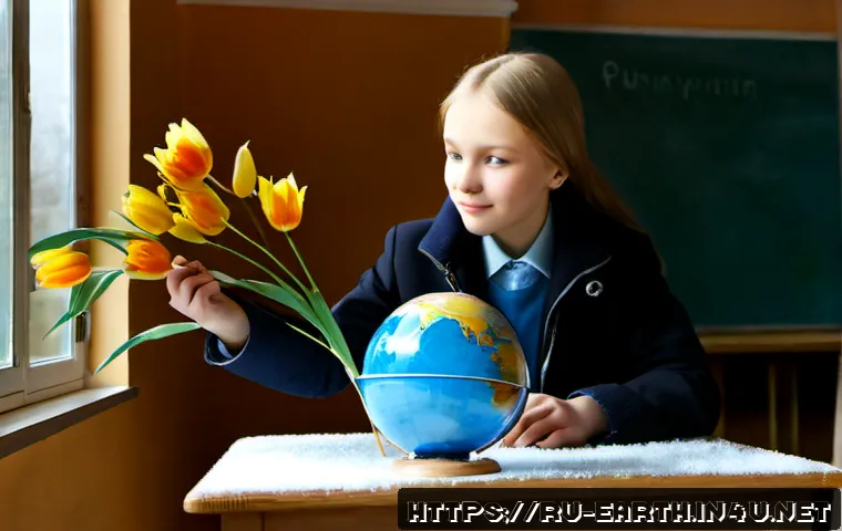 지구과학과 계절 변화 - Photorealistic Earth science classroom in a Russian secondary school, a teenage student in modest wi...