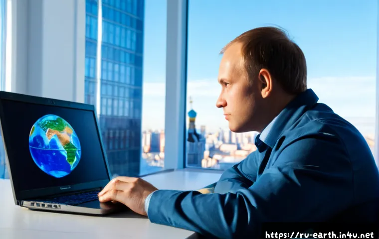 지구과학과 기후 변화 모델 - Photorealistic climate science laboratory in Russia, an Earth scientist studying a glowing three-dim...