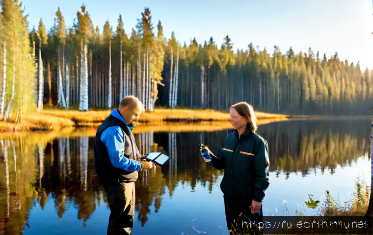 Home 17 지구과학과 지속 가능성 연구 - Photorealistic environmental research station beside a pristine Russian taiga lake, middle-aged scie...